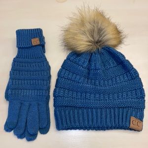 C.C. Beanie with Fur Pom and gloves. Blue hat with Tan fur pom